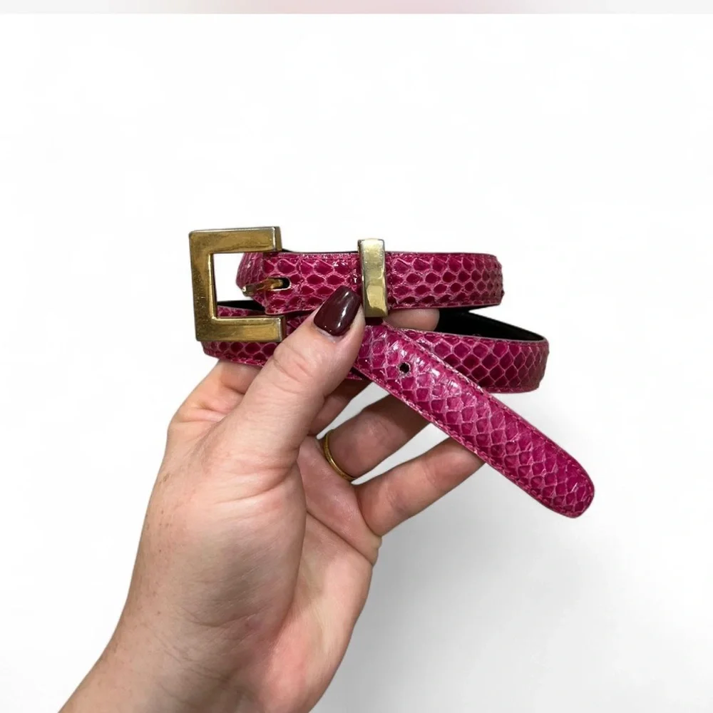 Vintage Pink Snake Print Leather Belt Gold-tone Hardware Woman's Medium* - Picture 1 of 4